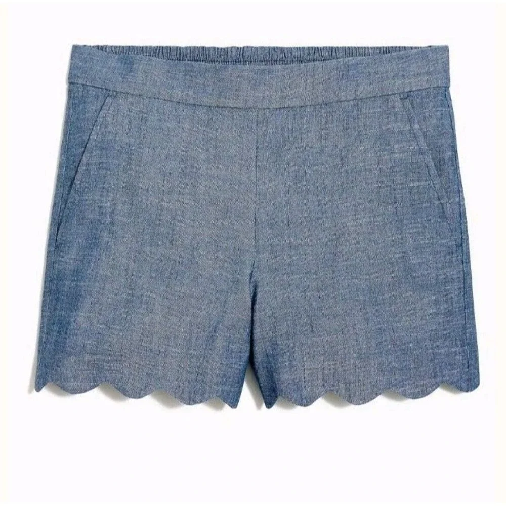J.Crew 4" Chambray Scalloped Hem Shorts 100% Cotton Echo Blue L1670 Size Small - Picture 1 of 9